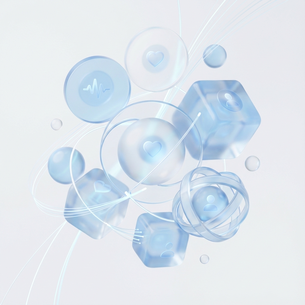 Abstract glassmorphism illustration of connected care nodes