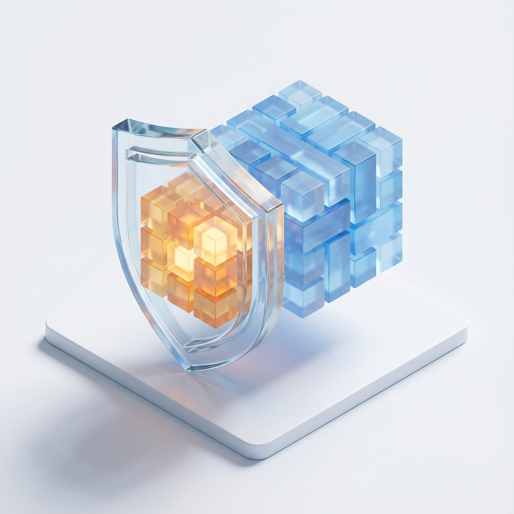 3D illustration of sensitive data (amber) being safely segmented from general medical data (blue) by a glass shield